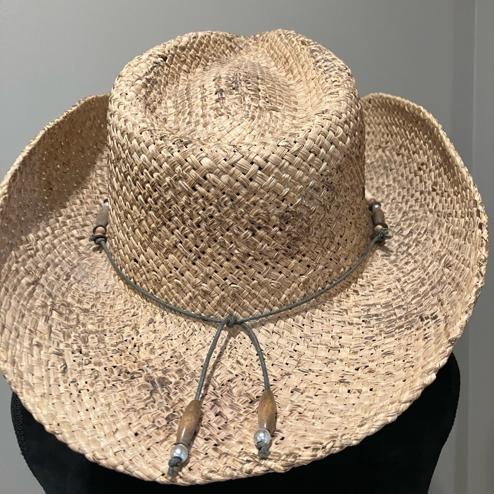 Tan Straw Cowboy Hat with Beaded Band - Picture 4 of 5